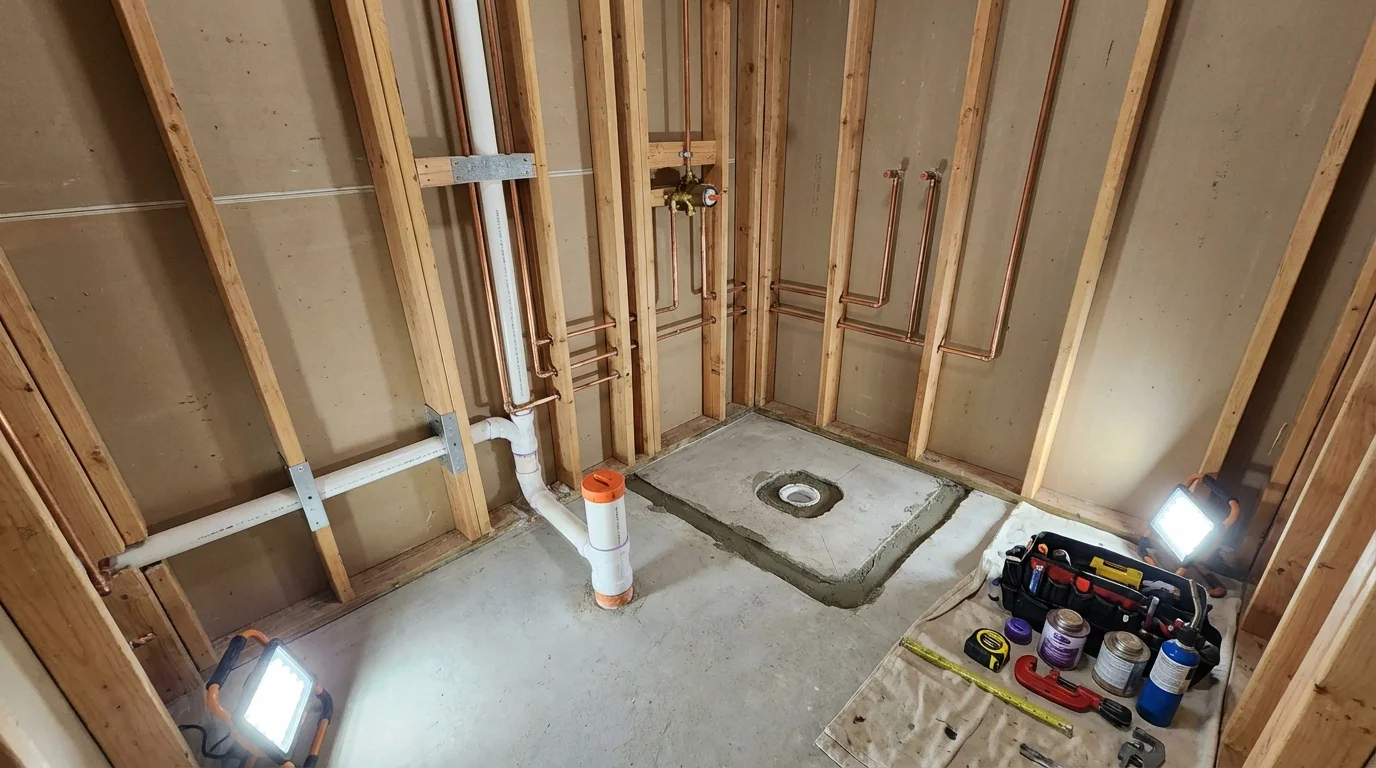 Bathroom rough-in plumbing during remodel by Johns Plumbing LLC in Tatum