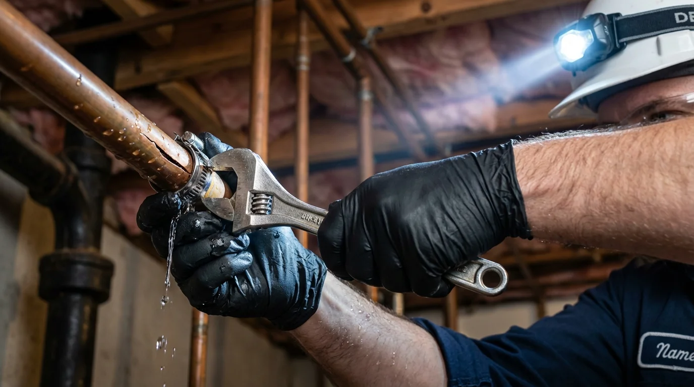 Emergency pipe clamp repair being performed by a Johns Plumbing LLC plumber in Tatum