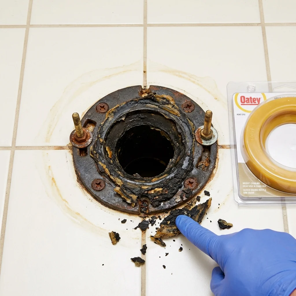 Failed wax ring showing water seepage at the base of a toilet in a Tatum, TX home